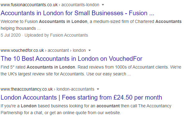 Screen shot of Google Search Results page 1 for "Accountants in London". 